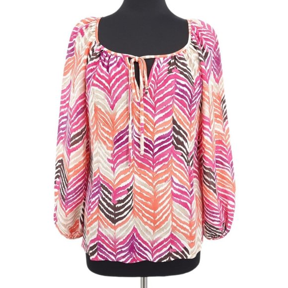 Trina Turk Tops - Trina Turk Silk Exotic Chevron Feather Balloon Sleeve Top Tie Neck Blouse M Pink